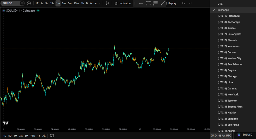 timezone menu with exchange selected