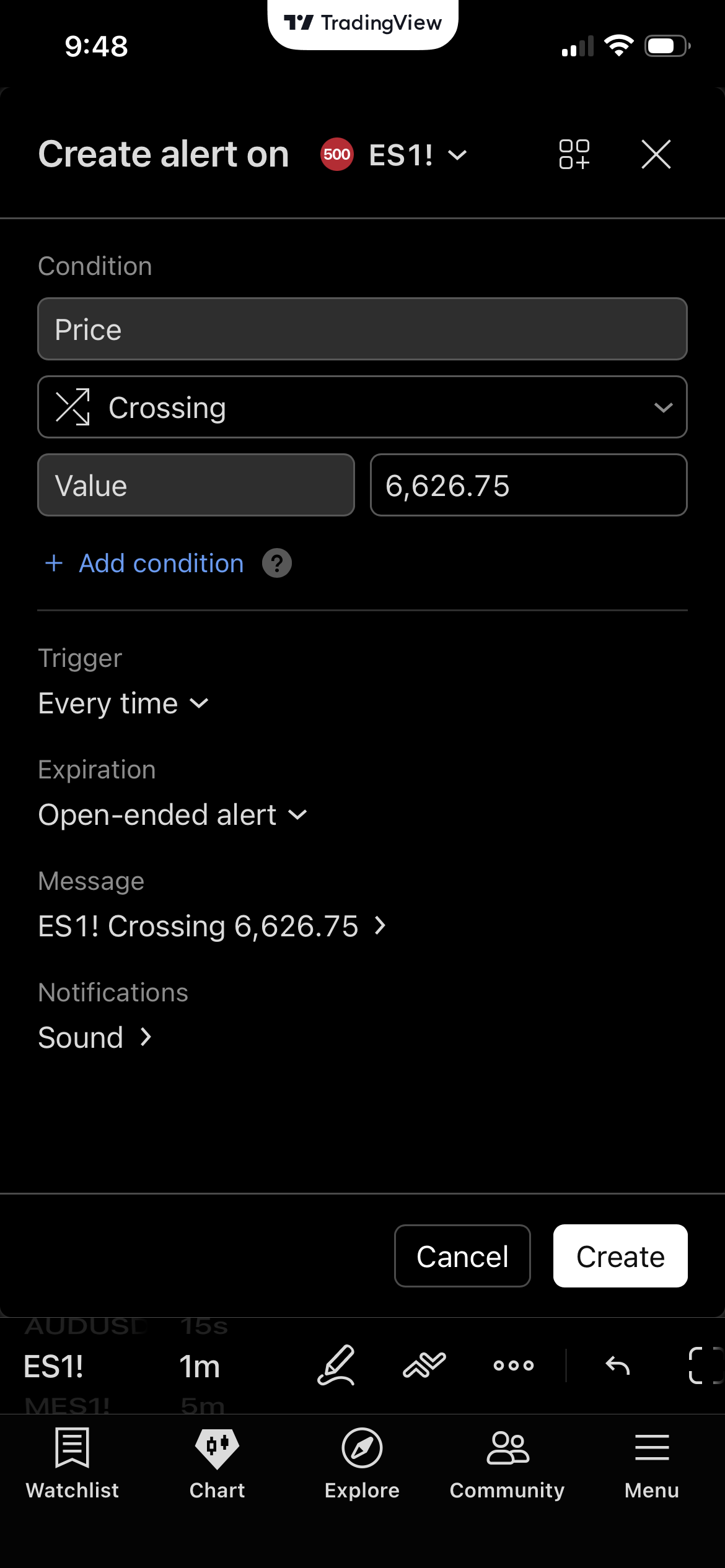 alert creation panel inside of the mobile application for TradingView