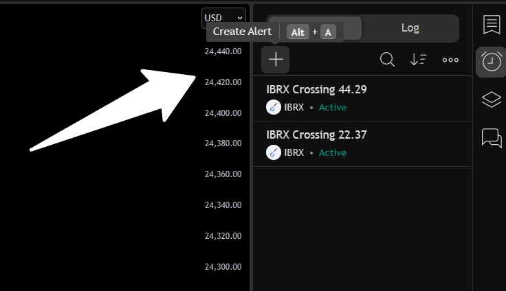 create an alert on desktop by clicking the clock icon then the plus icon then configuring your alert settings