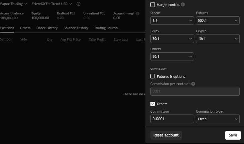 click the nut icon to open the account settings panel and then click the reset account button at the bottom to reset the balance of your paper trading account