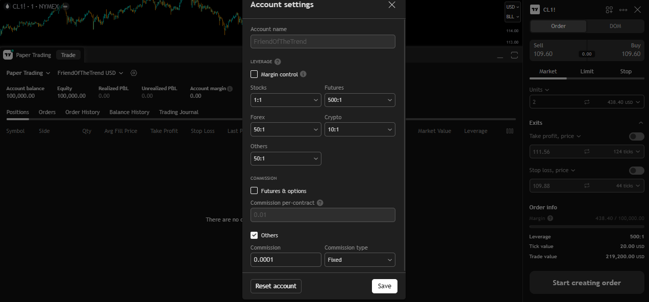 click the nut icon in the top left of your account dashboard and adjust your account name and leverage settings